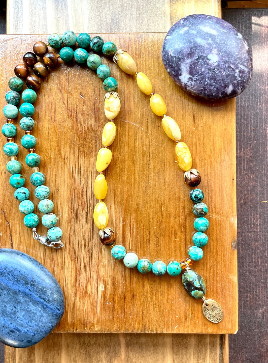 Turquoise high quality and Amber Necklace chunky earth natural