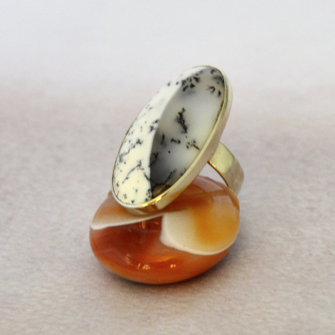 Dendritic orders Opal Ring, White Gemstone Ring, Natural Gemstone Ring